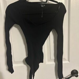 Windsor Black Bodysuit Long Sleeve Ribbed Top NWOT